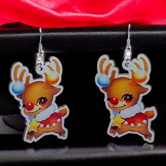 Holiday Earrings 🎄Reindeer Festive Christmas Wooden Dangle Drop Jewelry Deer - Picture 1 of 8